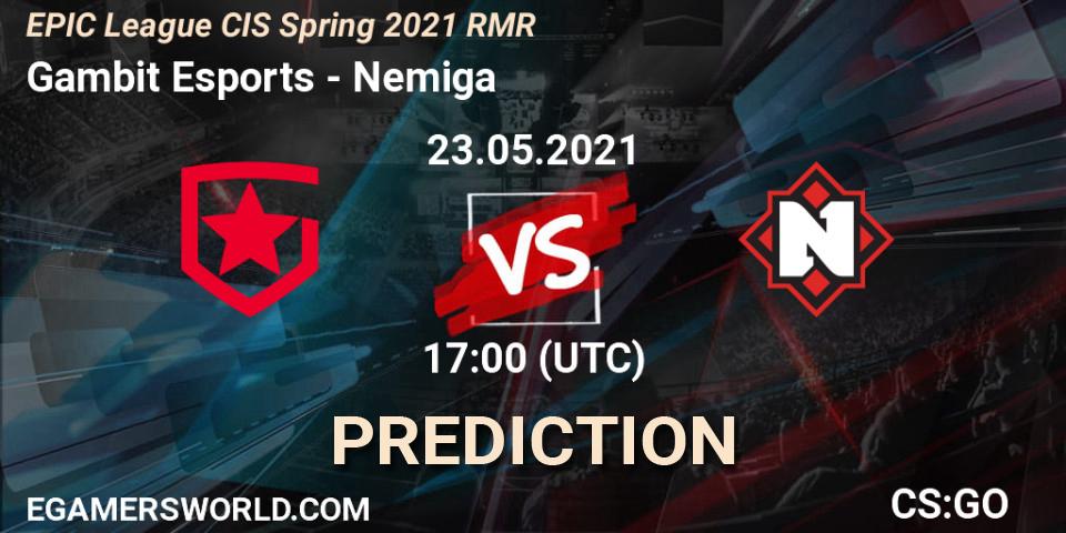 Gambit Esports vs Nemiga: Match Prediction. 23.05.2021 at 17:00, Counter-Strike (CS2), EPIC League CIS Spring 2021 RMR