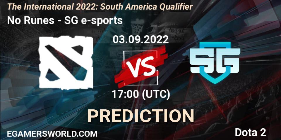 No Runes vs SG e-sports: Match Prediction. 03.09.2022 at 15:45, Dota 2, The International 2022: South America Qualifier
