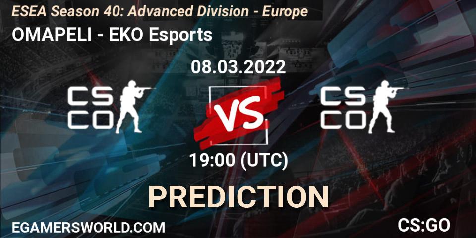 OMAPELI vs EKO Esports: Match Prediction. 08.03.2022 at 19:00, Counter-Strike (CS2), ESEA Season 40: Advanced Division - Europe