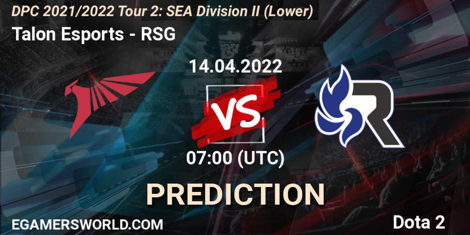 Talon Esports vs RSG: Match Prediction. 14.04.2022 at 08:00, Dota 2, DPC 2021/2022 Tour 2: SEA Division II (Lower)