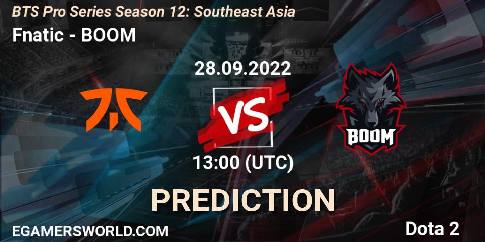 Fnatic vs BOOM: Match Prediction. 27.09.2022 at 09:01, Dota 2, BTS Pro Series Season 12: Southeast Asia
