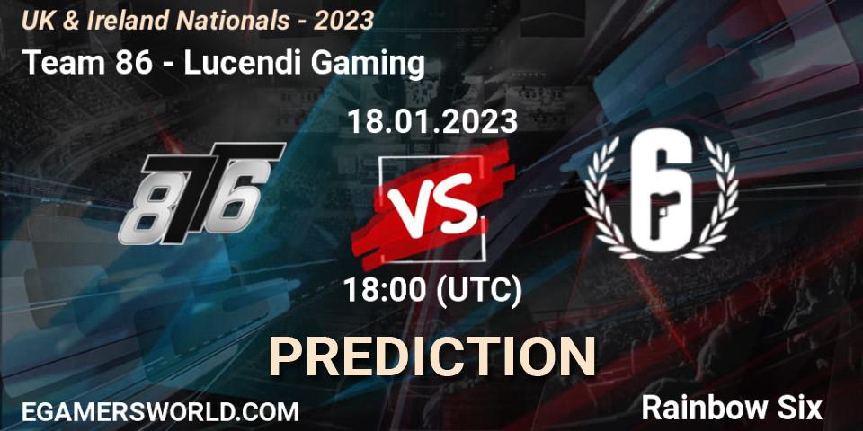 Team 86 vs Lucendi Gaming: Match Prediction. 18.01.2023 at 18:00, Rainbow Six, UK & Ireland Nationals - 2023