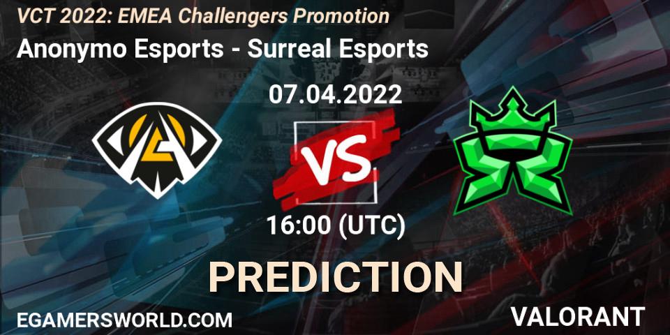 Anonymo Esports vs Surreal Esports: Match Prediction. 07.04.2022 at 16:10, VALORANT, VCT 2022: EMEA Challengers Promotion