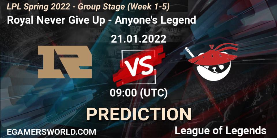 Royal Never Give Up vs Anyone's Legend: Match Prediction. 21.01.2022 at 09:45, LoL, LPL Spring 2022 - Group Stage (Week 1-5)