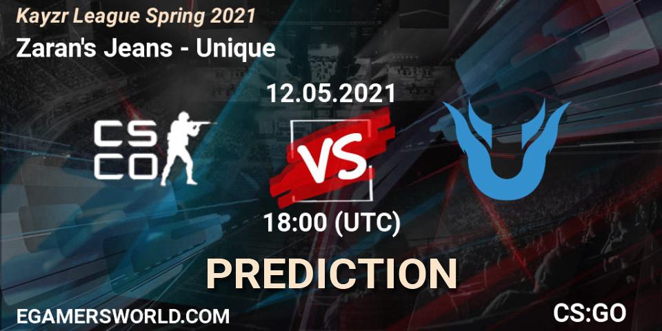 Zaran's Jeans vs Unique: Match Prediction. 12.05.2021 at 18:00, Counter-Strike (CS2), Kayzr League Spring 2021