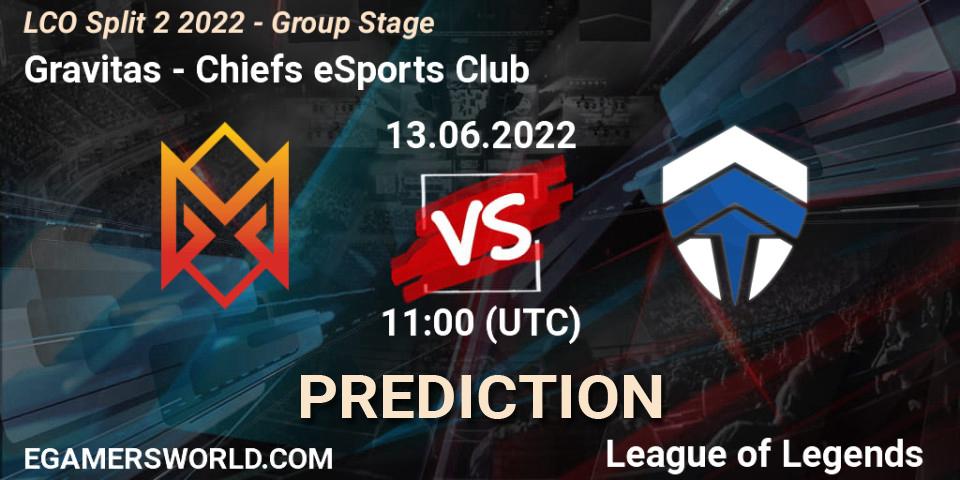 Gravitas vs Chiefs eSports Club: Match Prediction. 13.06.2022 at 11:15, LoL, LCO Split 2 2022 - Group Stage