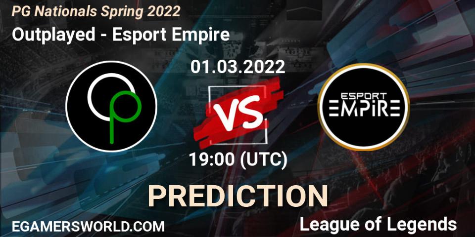 Outplayed vs Esport Empire: Match Prediction. 01.03.2022 at 19:00, LoL, PG Nationals Spring 2022