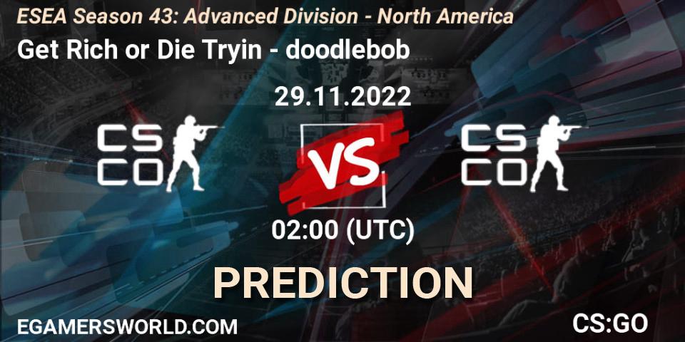 Get Rich or Die Tryin vs doodlebob: Match Prediction. 29.11.22, CS2 (CS:GO), ESEA Season 43: Advanced Division - North America