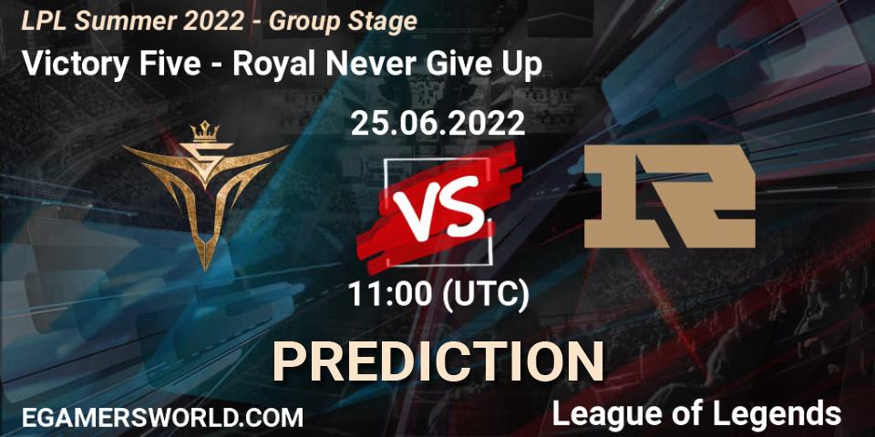 Victory Five vs Royal Never Give Up: Match Prediction. 25.06.2022 at 13:00, LoL, LPL Summer 2022 - Group Stage