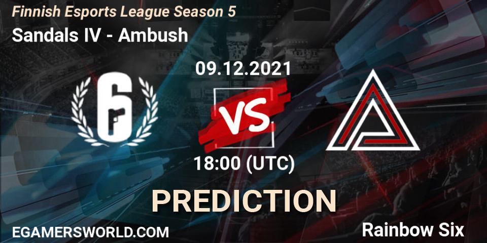 Sandals IV vs Ambush: Match Prediction. 09.12.2021 at 18:00, Rainbow Six, Finnish Esports League Season 5