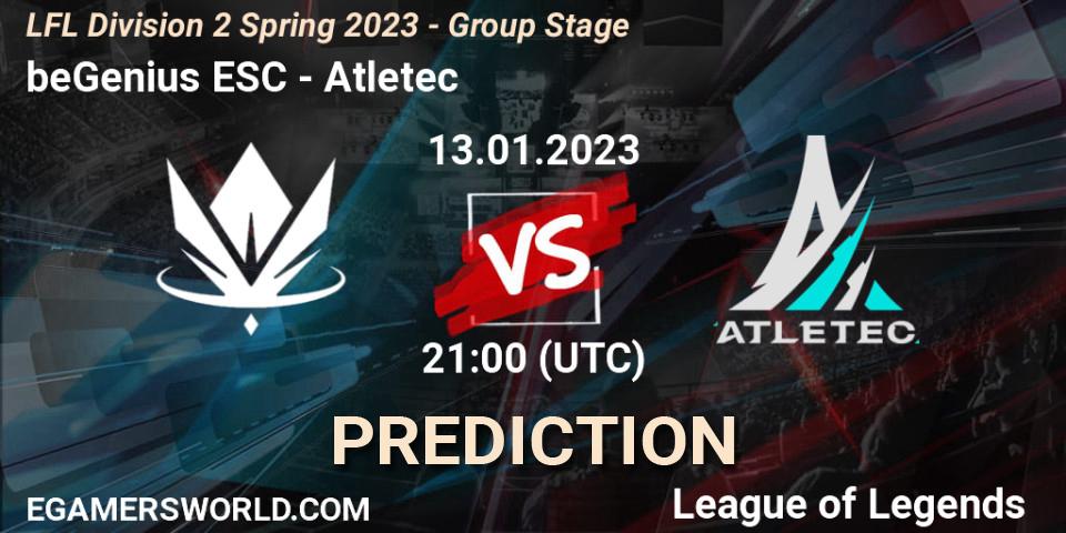 beGenius ESC vs Atletec: Match Prediction. 13.01.2023 at 21:00, LoL, LFL Division 2 Spring 2023 - Group Stage
