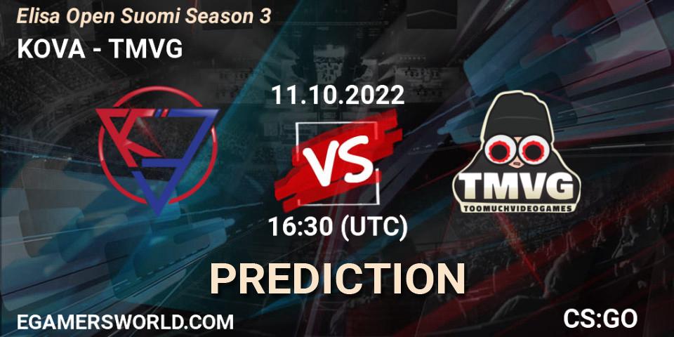 KOVA vs TMVG: Match Prediction. 11.10.2022 at 16:30, Counter-Strike (CS2), Elisa Open Suomi Season 3