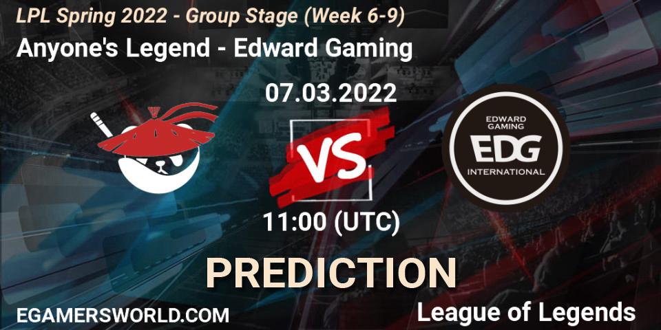Anyone's Legend vs Edward Gaming: Match Prediction. 07.03.2022 at 11:50, LoL, LPL Spring 2022 - Group Stage (Week 6-9)