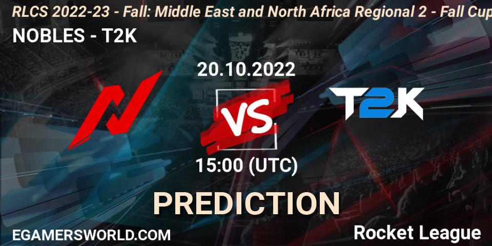 NOBLES vs T2K: Match Prediction. 20.10.2022 at 15:00, Rocket League, RLCS 2022-23 - Fall: Middle East and North Africa Regional 2 - Fall Cup