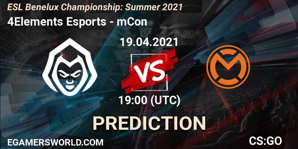 4Elements Esports vs mCon: Match Prediction. 19.04.2021 at 19:00, Counter-Strike (CS2), ESL Benelux Championship: Summer 2021