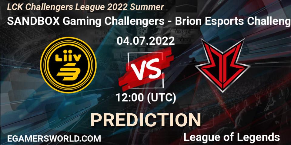 SANDBOX Gaming Challengers vs Brion Esports Challengers: Match Prediction. 04.07.2022 at 12:00, LoL, LCK Challengers League 2022 Summer