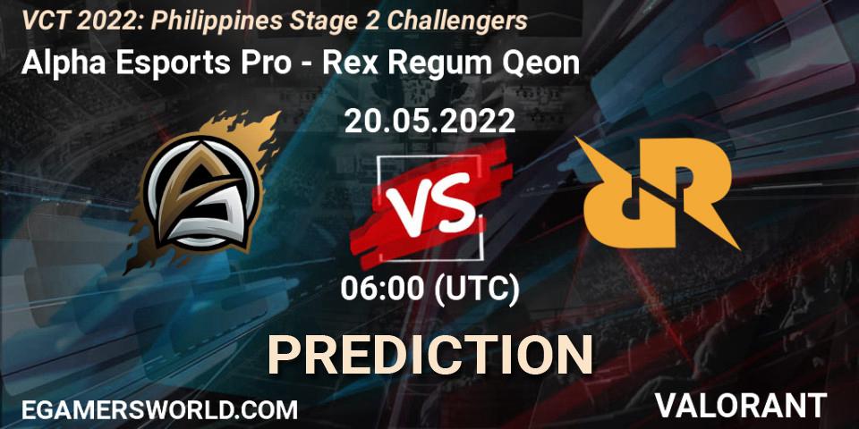 Alpha Esports Pro vs Rex Regum Qeon: Match Prediction. 20.05.2022 at 06:00, VALORANT, VCT 2022: Philippines Stage 2 Challengers