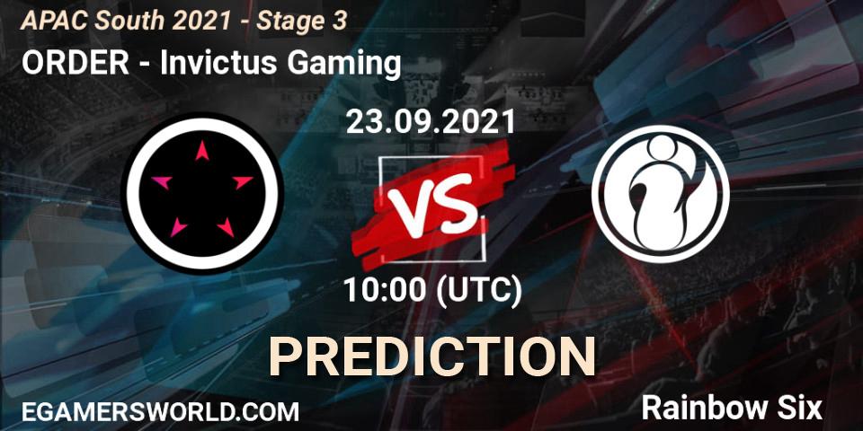 ORDER vs Invictus Gaming: Match Prediction. 23.09.2021 at 10:30, Rainbow Six, APAC South 2021 - Stage 3