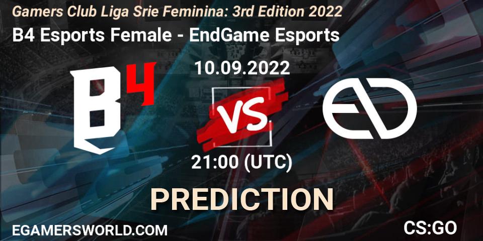 B4 Esports Female vs EndGame Esports: Match Prediction. 10.09.22, CS2 (CS:GO), Gamers Club Liga Série Feminina: 3rd Edition 2022