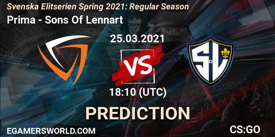 Prima vs Sons Of Lennart: Match Prediction. 25.03.2021 at 18:10, Counter-Strike (CS2), Svenska Elitserien Spring 2021: Regular Season