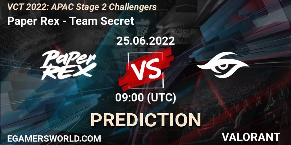 Paper Rex vs Team Secret: Match Prediction. 25.06.2022 at 09:45, VALORANT, VCT 2022: APAC Stage 2 Challengers