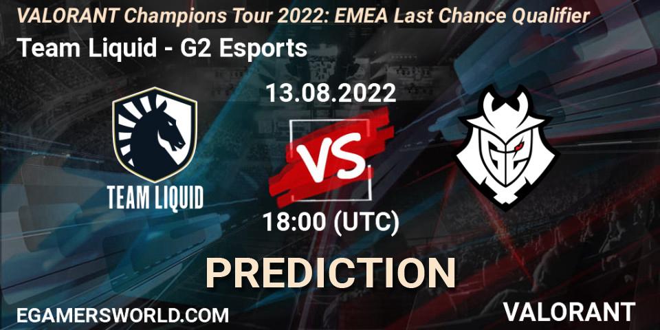 Team Liquid vs G2 Esports: Match Prediction. 13.08.2022 at 18:10, VALORANT, VCT 2022: EMEA Last Chance Qualifier