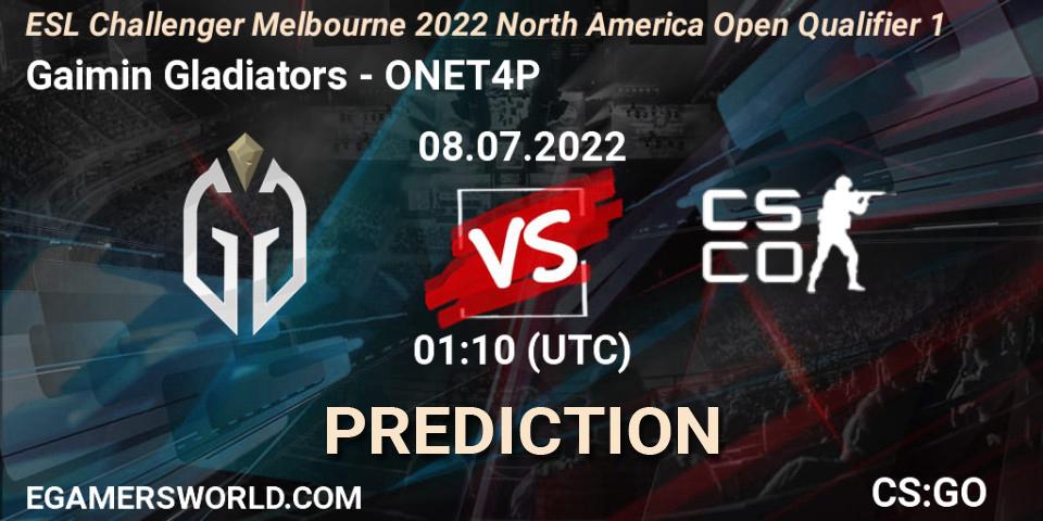 Gaimin Gladiators vs ONET4P: Match Prediction. 08.07.2022 at 01:10, Counter-Strike (CS2), ESL Challenger Melbourne 2022 North America Open Qualifier 1