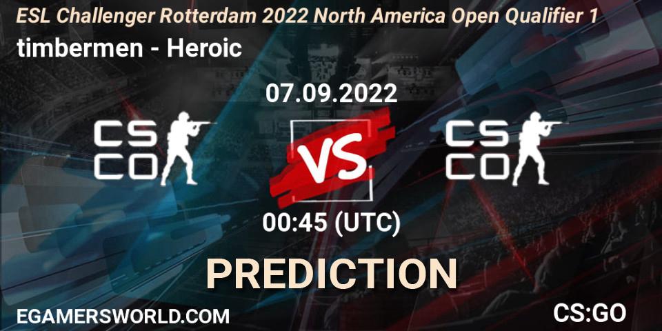 timbermen vs Heroic: Match Prediction. 07.09.2022 at 00:45, Counter-Strike (CS2), ESL Challenger Rotterdam 2022 North America Open Qualifier 1