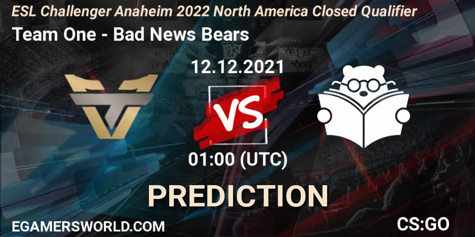 Team One vs Bad News Bears: Match Prediction. 12.12.2021 at 01:00, Counter-Strike (CS2), ESL Challenger Anaheim 2022 North America Closed Qualifier