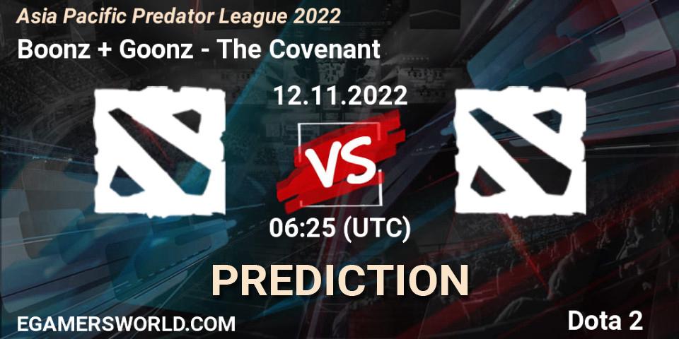 Boonz + Goonz vs The Covenant: Match Prediction. 12.11.2022 at 06:25, Dota 2, Asia Pacific Predator League 2022