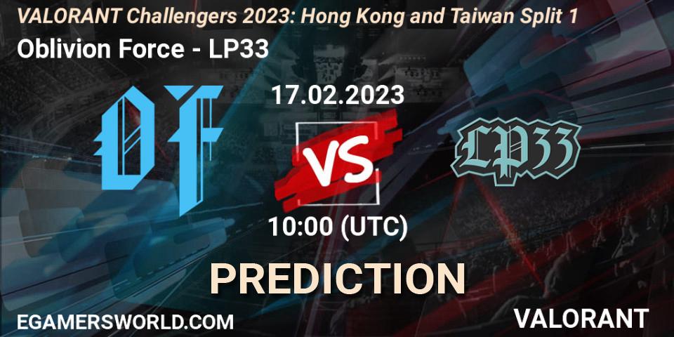 Oblivion Force vs LP33: Match Prediction. 17.02.2023 at 10:00, VALORANT, VALORANT Challengers 2023: Hong Kong and Taiwan Split 1