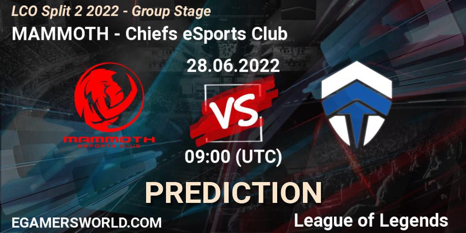 MAMMOTH vs Chiefs eSports Club: Match Prediction. 28.06.2022 at 09:00, LoL, LCO Split 2 2022 - Group Stage