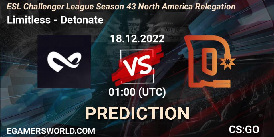 Limitless vs Detonate: Match Prediction. 18.12.2022 at 01:00, Counter-Strike (CS2), ESL Challenger League Season 43 North America Relegation