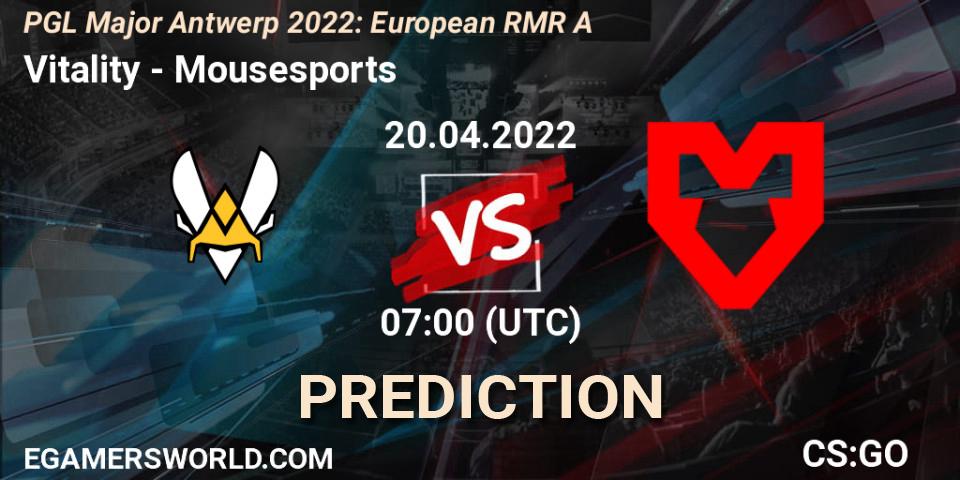 Vitality vs Mousesports: Match Prediction. 20.04.2022 at 07:00, Counter-Strike (CS2), PGL Major Antwerp 2022: European RMR A