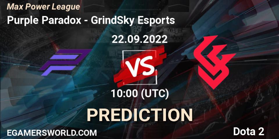 Purple Paradox vs GrindSky Esports: Match Prediction. 22.09.2022 at 10:42, Dota 2, Max Power League