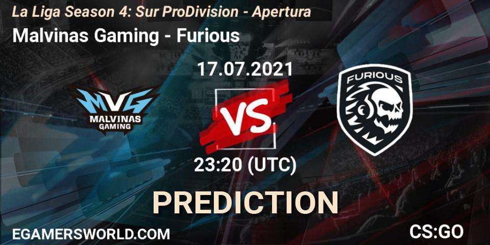 Malvinas Gaming vs Furious: Match Prediction. 17.07.2021 at 23:20, Counter-Strike (CS2), La Liga Season 4: Sur Pro Division - Apertura