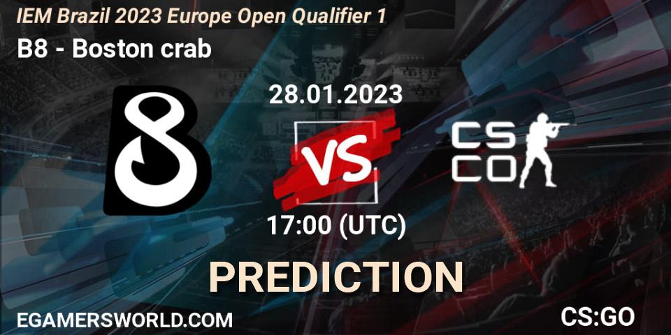 B8 vs Boston crab: Match Prediction. 28.01.23, CS2 (CS:GO), IEM Brazil Rio 2023 Europe Open Qualifier 1