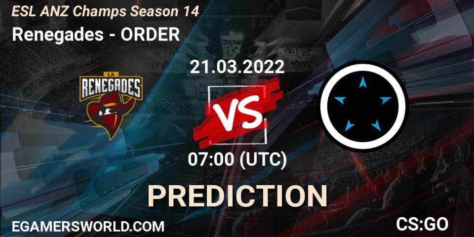 Renegades vs ORDER: Match Prediction. 21.03.2022 at 07:00, Counter-Strike (CS2), ESL ANZ Champs Season 14