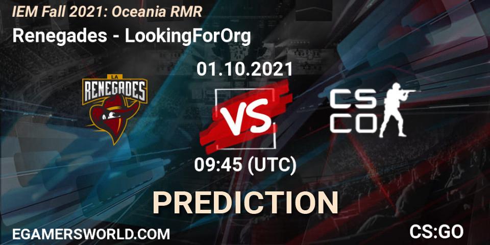 Renegades vs LookingForOrg (ex-Dire Wolves): Match Prediction. 01.10.2021 at 09:45, Counter-Strike (CS2), IEM Fall 2021: Oceania RMR