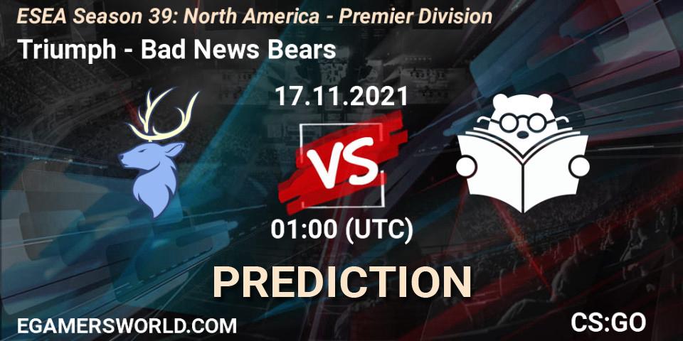 Triumph vs Bad News Bears: Match Prediction. 17.11.2021 at 01:00, Counter-Strike (CS2), ESEA Season 39: North America - Premier Division