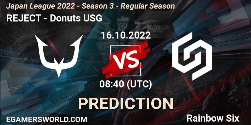 REJECT vs Donuts USG: Match Prediction. 16.10.2022 at 08:40, Rainbow Six, Japan League 2022 - Season 3 - Regular Season