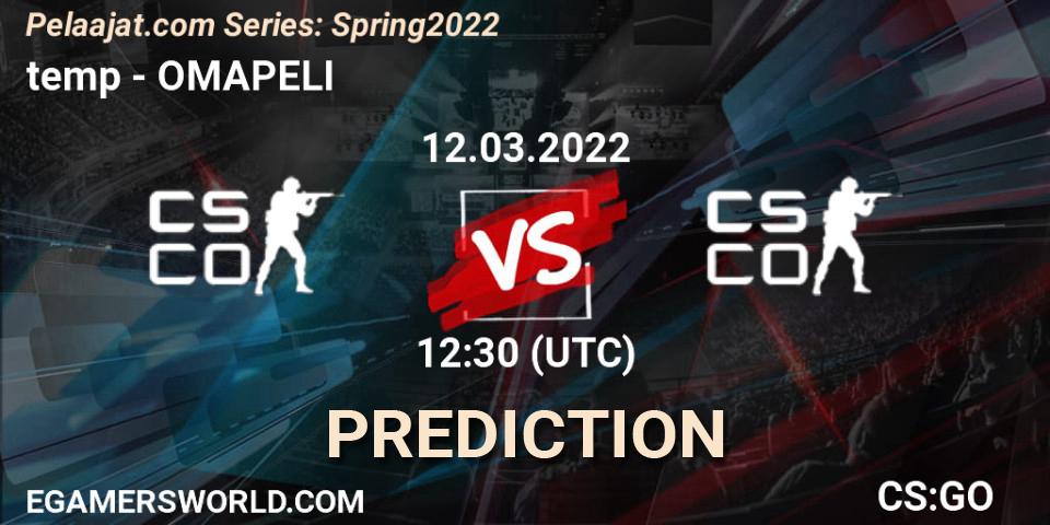 Team temp vs OMAPELI: Match Prediction. 12.03.2022 at 12:30, Counter-Strike (CS2), Pelaajat.com Series: Spring 2022