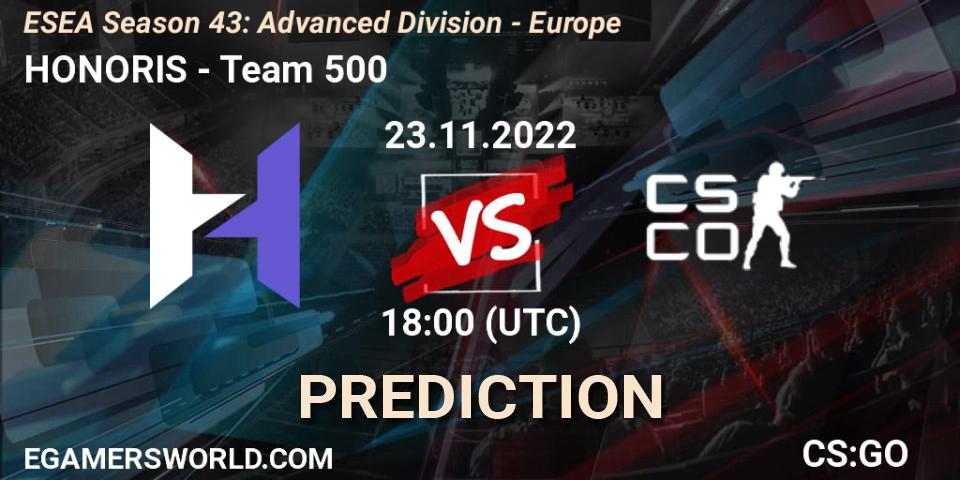 HONORIS vs Team 500: Match Prediction. 23.11.2022 at 18:00, Counter-Strike (CS2), ESEA Season 43: Advanced Division - Europe