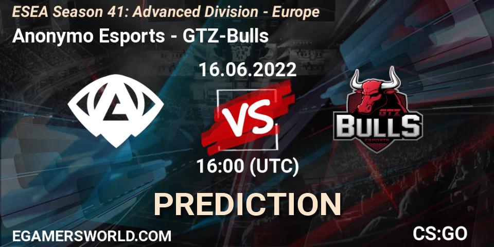 Anonymo Esports vs GTZ-Bulls: Match Prediction. 16.06.2022 at 16:00, Counter-Strike (CS2), ESEA Season 41: Advanced Division - Europe
