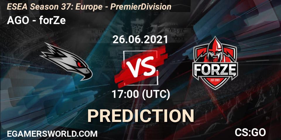 AGO vs forZe: Match Prediction. 26.06.2021 at 17:00, Counter-Strike (CS2), ESEA Season 37: Europe - Premier Division