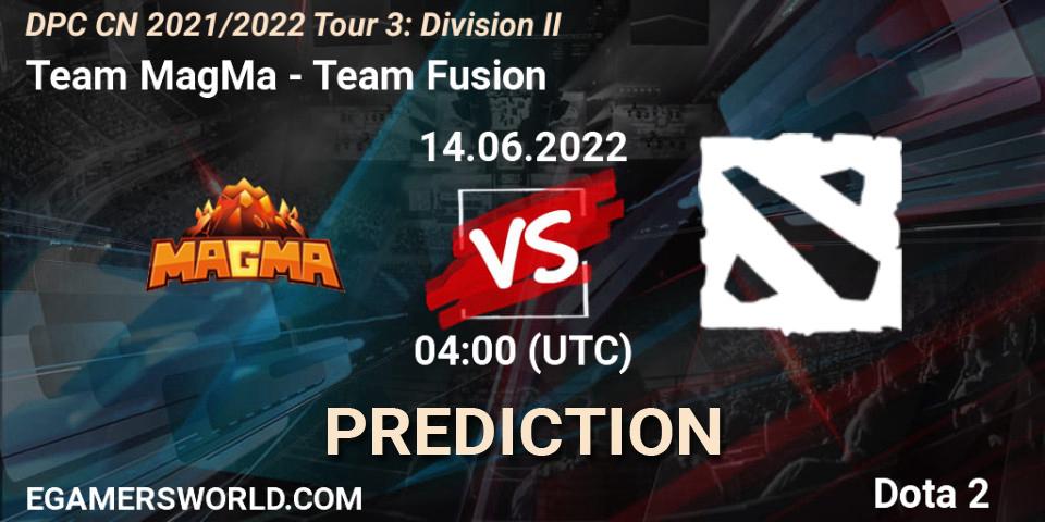 Team MagMa vs Team Fusion: Match Prediction. 14.06.2022 at 03:59, Dota 2, DPC CN 2021/2022 Tour 3: Division II
