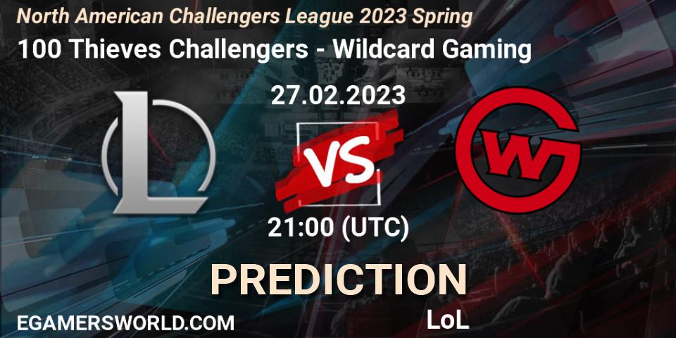 100 Thieves Challengers vs Wildcard Gaming: Match Prediction. 27.02.2023 at 21:00, LoL, NACL 2023 Spring - Group Stage