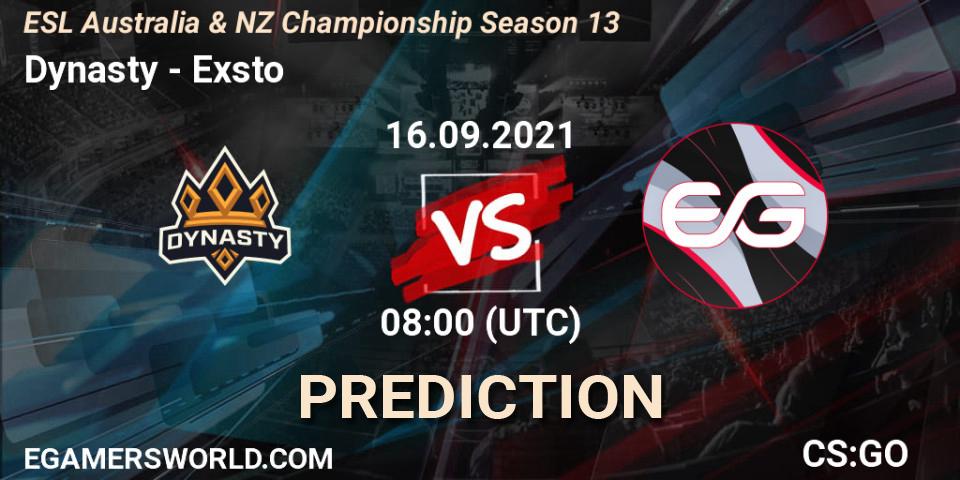 Dynasty vs Exsto: Match Prediction. 16.09.21, CS2 (CS:GO), ESL Australia & NZ Championship Season 13