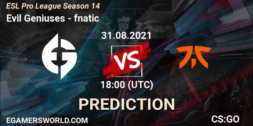 Evil Geniuses vs fnatic: Match Prediction. 31.08.21, CS2 (CS:GO), ESL Pro League Season 14