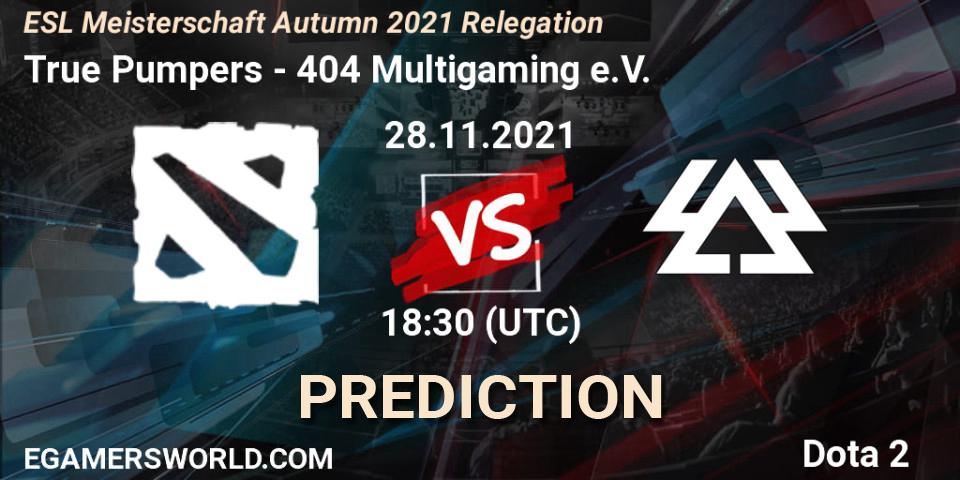 True Pumpers vs 404 Multigaming e.V.: Match Prediction. 28.11.2021 at 19:29, Dota 2, ESL Meisterschaft Autumn 2021 Relegation